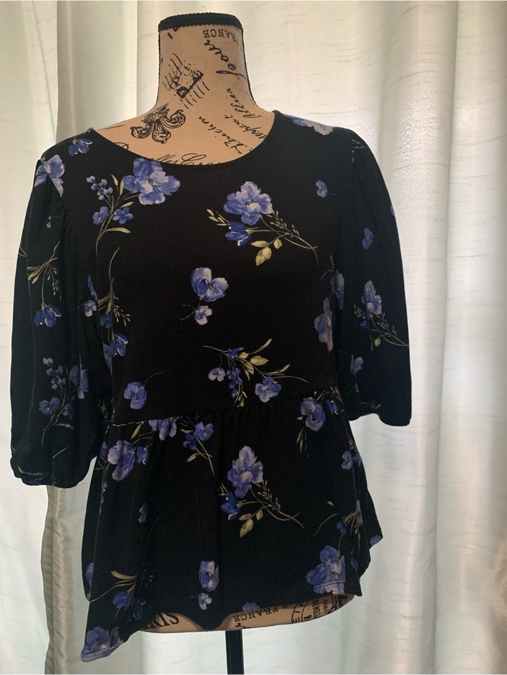 Forever 21 Black Floral Long-Sleeve Peplum Top with Blue Flowers